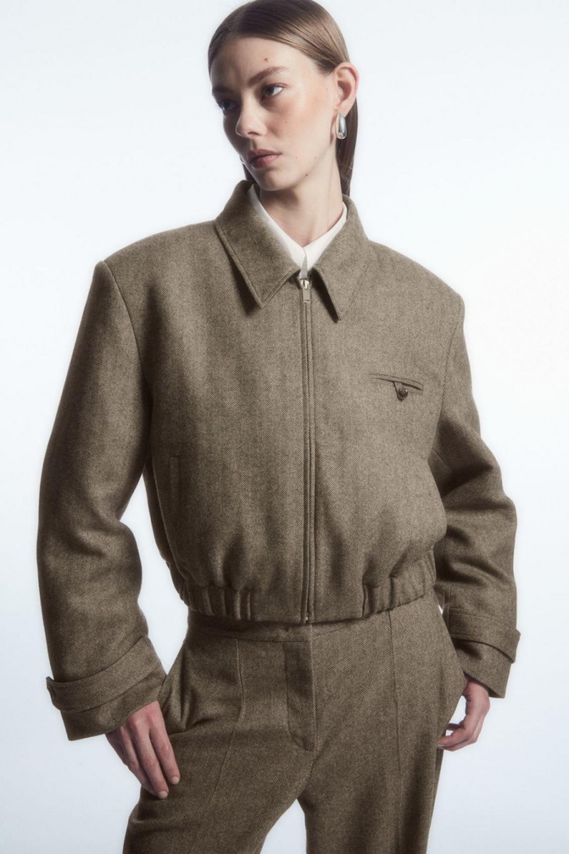 Geaca Dama COS Power-shoulder Lână-herringbone Maro Deschis | VJDSK-0673