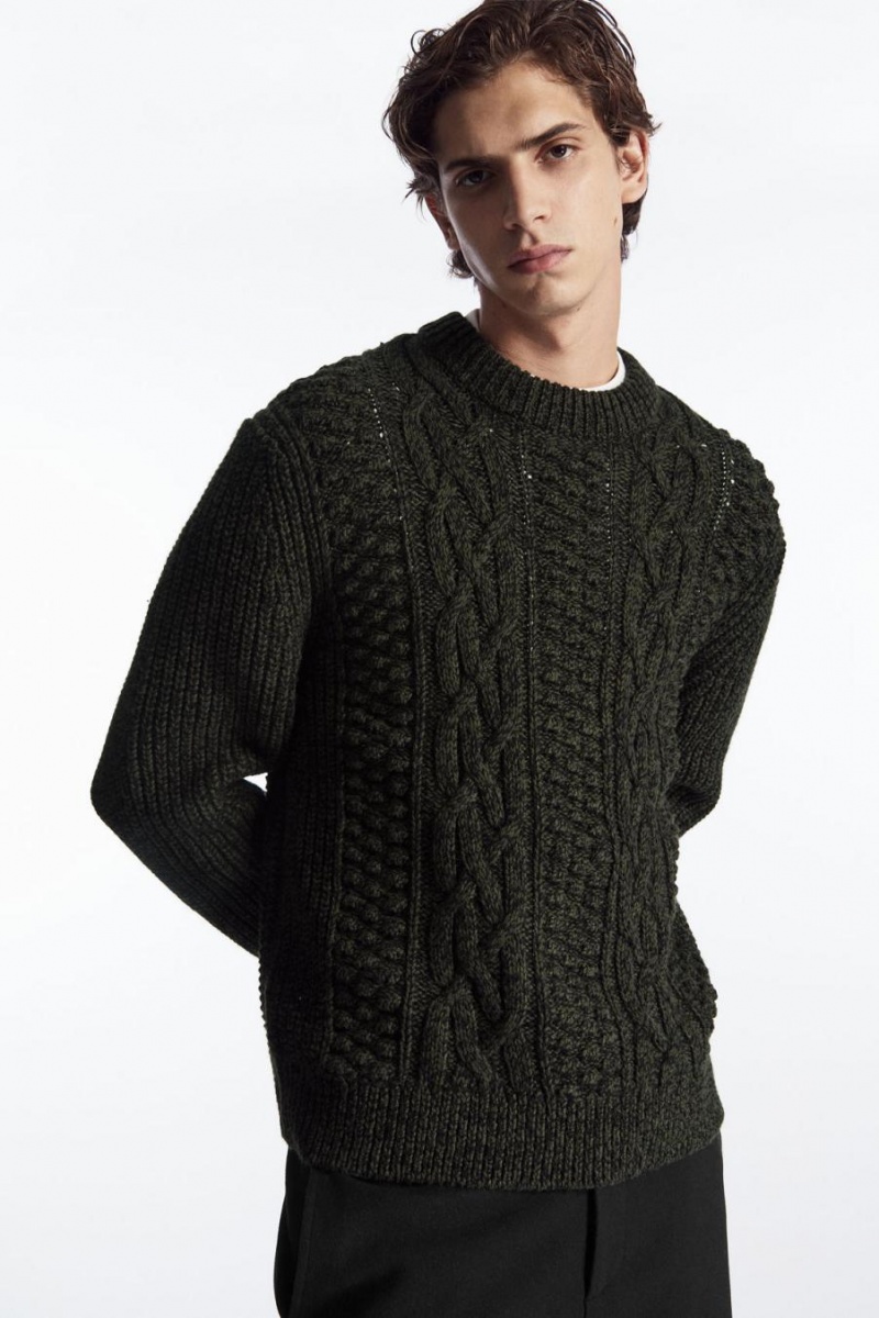 Jumpers Barbati COS Cable-knit Lână Verzi Inchis | GTSNE-3602
