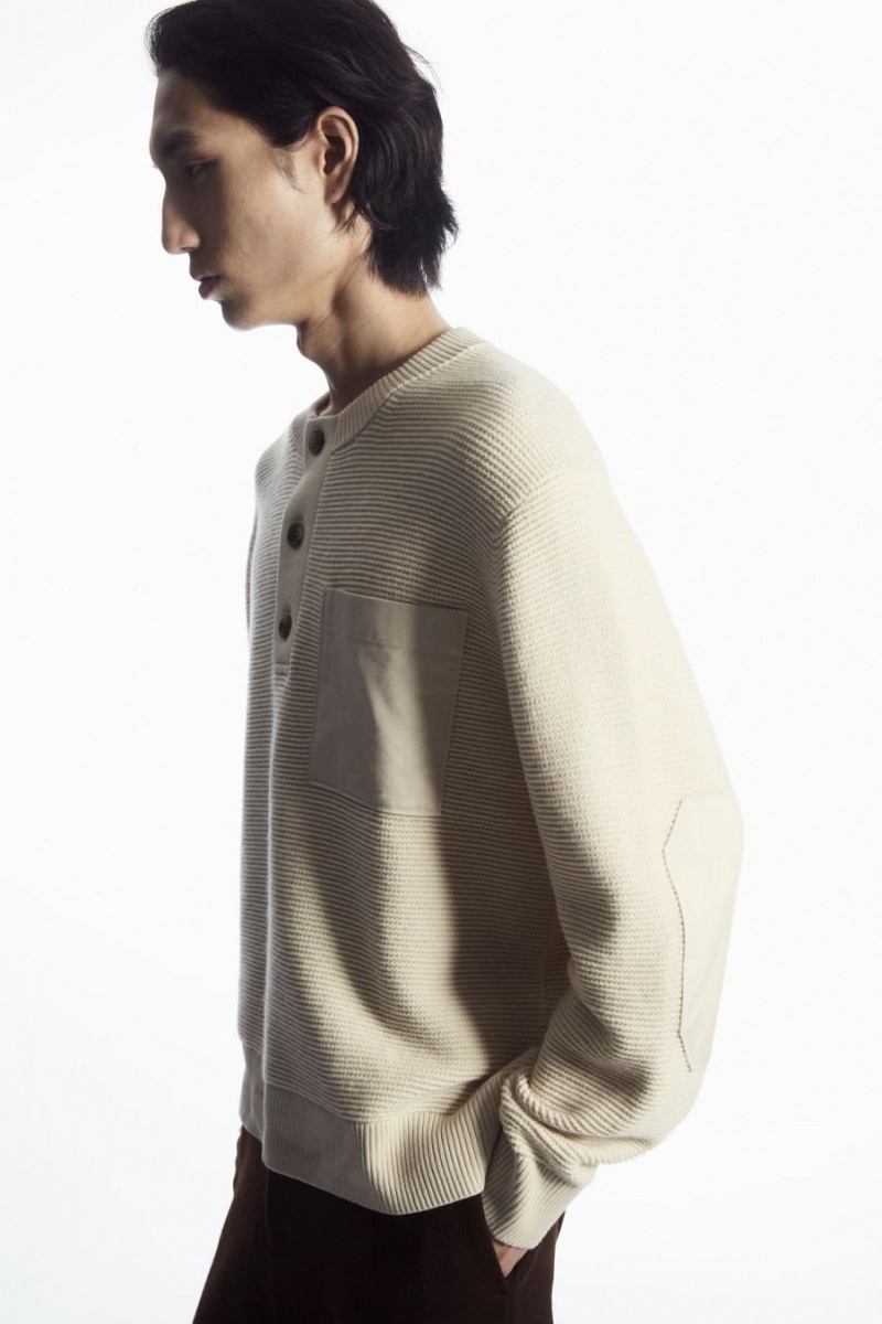 Jumpers Barbati COS Waffle-knit Henley Albi | IRTHA-2079