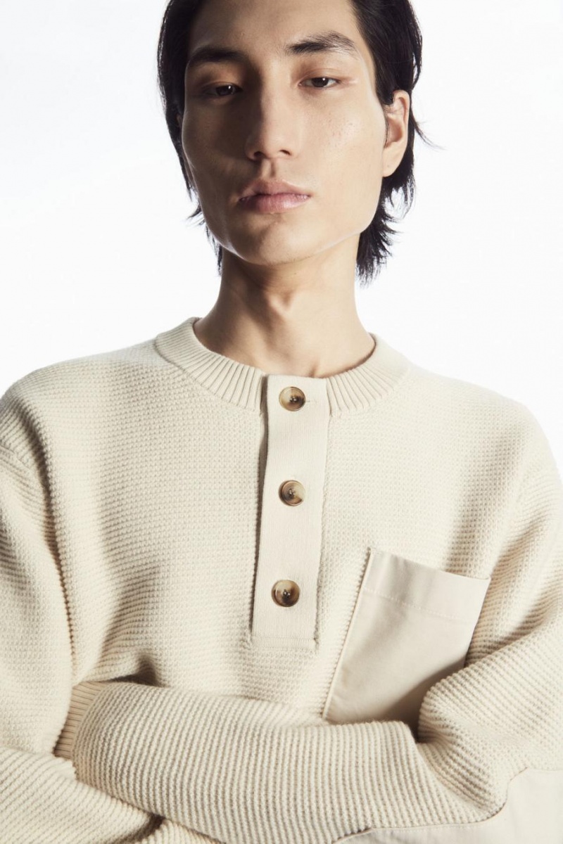 Jumpers Barbati COS Waffle-knit Henley Albi | IRTHA-2079