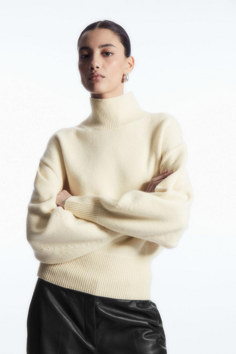 Jumpers Dama COS Funnel-neck Waisted Lână Albi | HLSWQ-3745