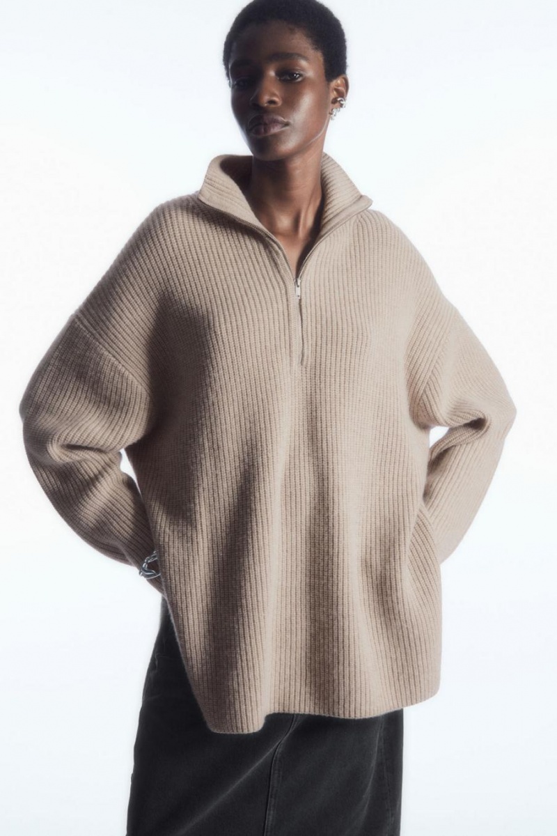 Jumpers Dama COS Oversized Cashmere-blend Half-zip Bej Deschis | HRUTB-7598