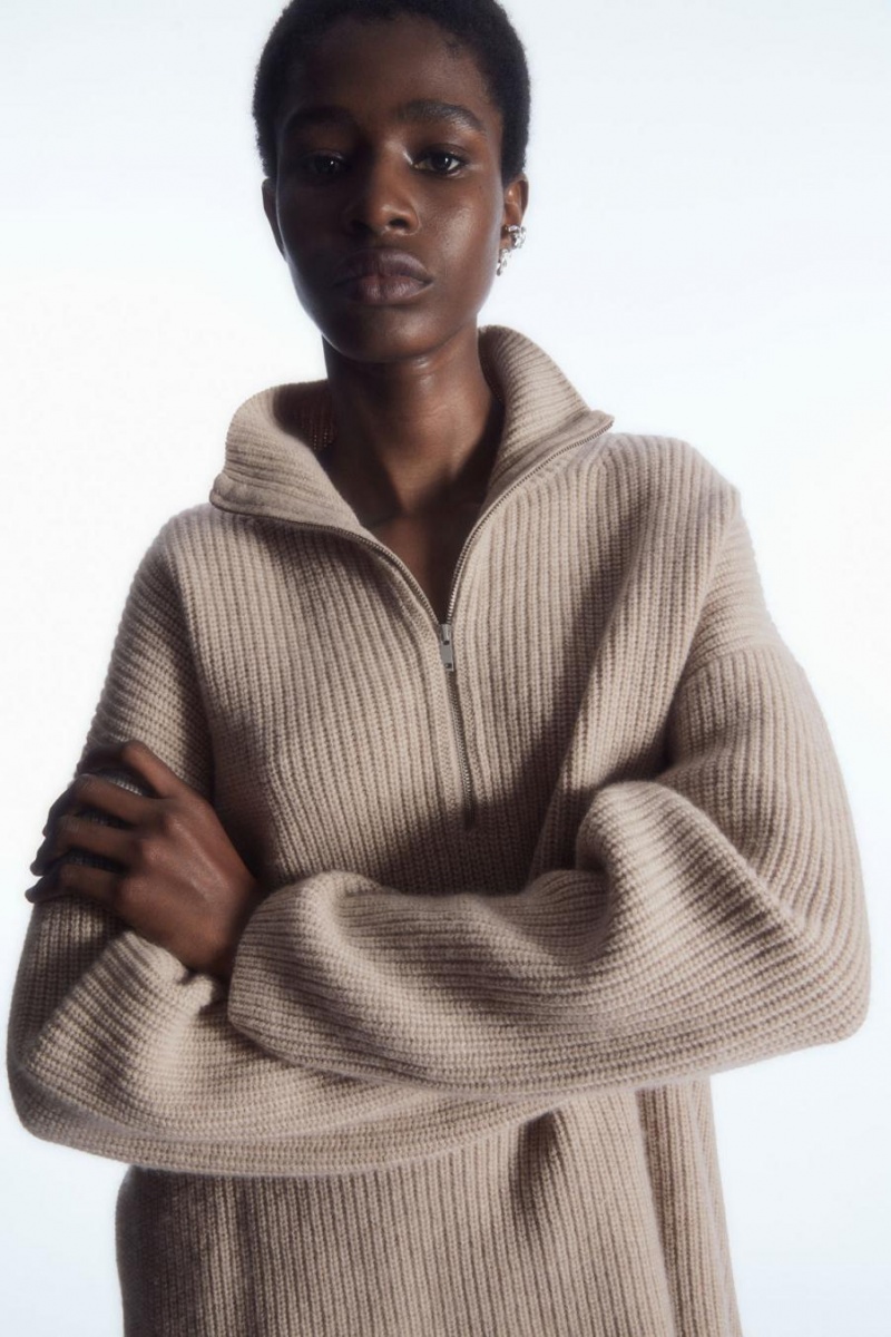 Jumpers Dama COS Oversized Cashmere-blend Half-zip Bej Deschis | HRUTB-7598