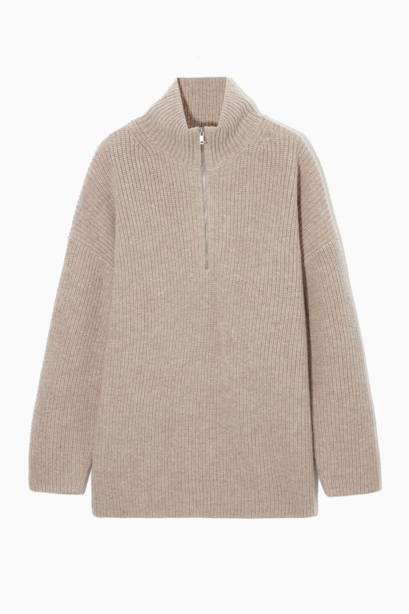 Jumpers Dama COS Oversized Cashmere-blend Half-zip Bej Deschis | HRUTB-7598