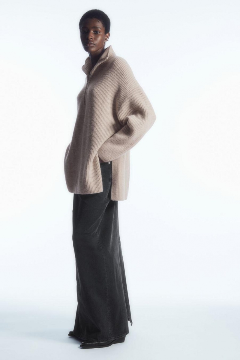 Jumpers Dama COS Oversized Cashmere-blend Half-zip Bej Deschis | HRUTB-7598