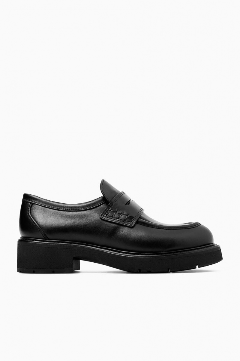 Mocasini Dama COS Grosolan Piele Penny Negrii | QCZKG-8430