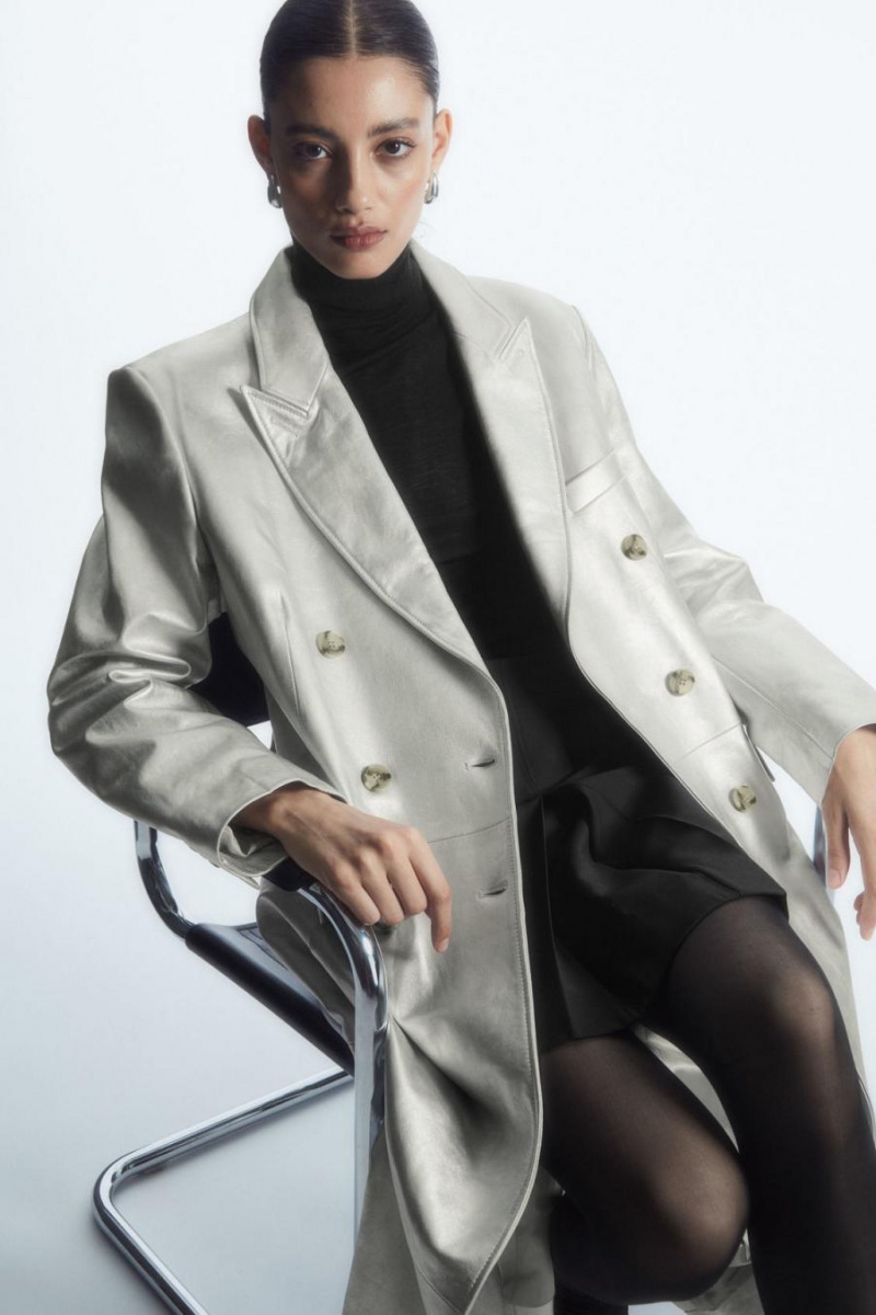 Palton Dama COS Oversized Double-breasted Piele Argintii | RPXFZ-5167