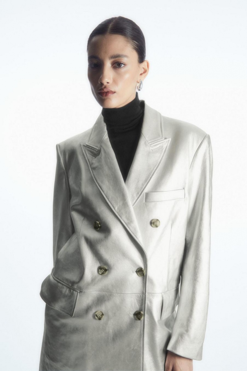 Palton Dama COS Oversized Double-breasted Piele Argintii | RPXFZ-5167