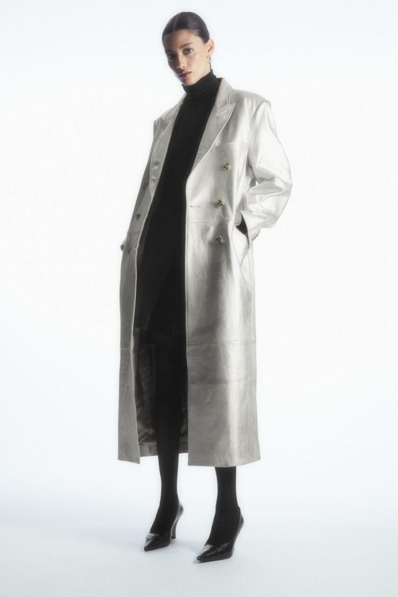 Palton Dama COS Oversized Double-breasted Piele Argintii | RPXFZ-5167