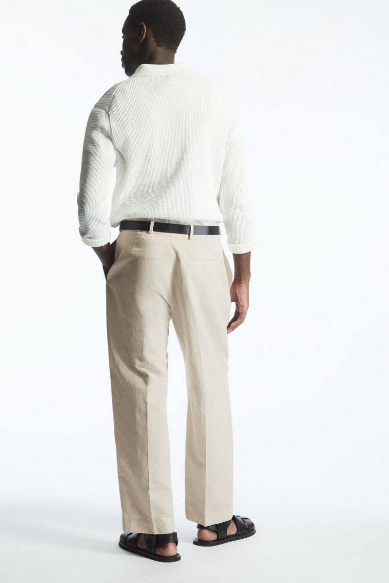 Pantaloni Barbati COS Plisat Drept-leg Linen-blend Bej Deschis | NZOHQ-4328