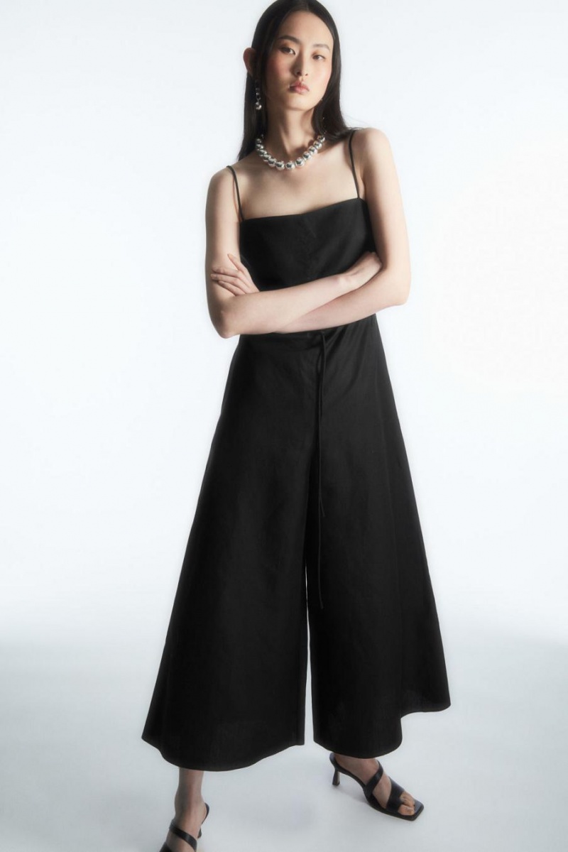 Pantaloni Dama COS Belted Linen-blend Largi-leg Negrii | YEJZA-7235