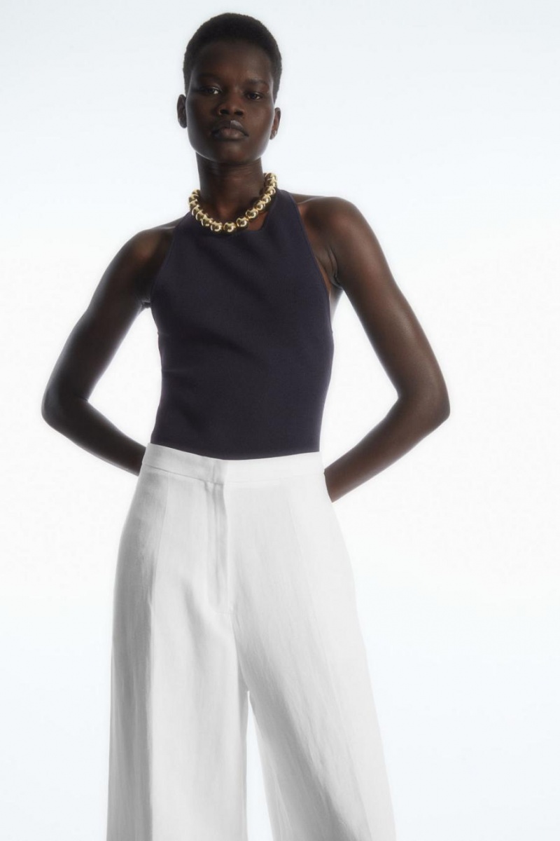 Pantaloni Dama COS High-waisted Largi-leg Linen-blend Albi | OUQBI-7249