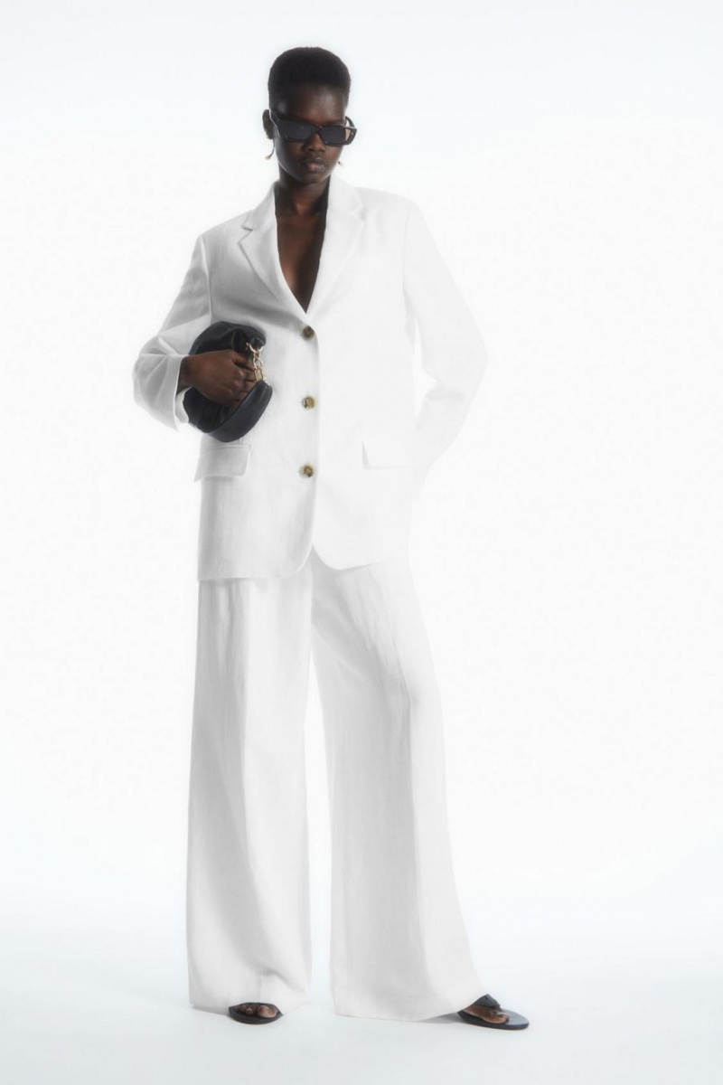 Pantaloni Dama COS High-waisted Largi-leg Linen-blend Albi | OUQBI-7249