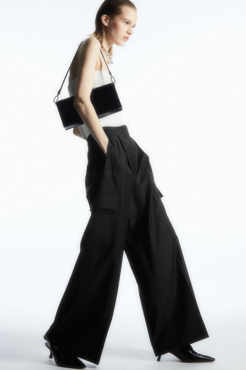 Pantaloni Dama COS Largi-leg Lână Cargo Negrii | UYMTZ-0129