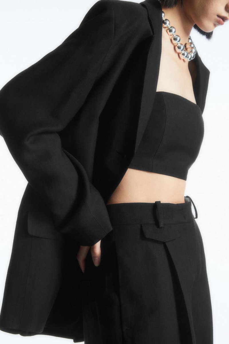 Pantaloni Dama COS Largi-leg Plisat Linen-blend Negrii | XSYFB-0134