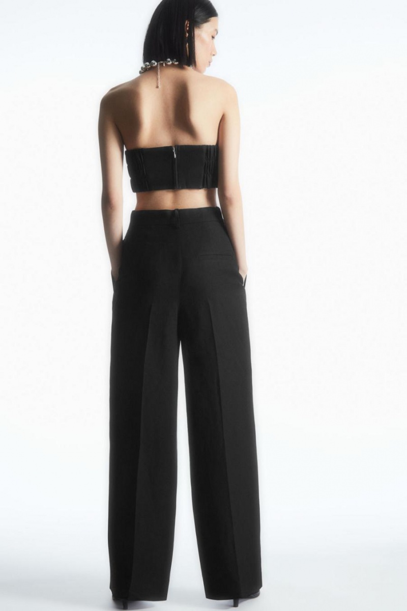 Pantaloni Dama COS Largi-leg Plisat Linen-blend Negrii | XSYFB-0134