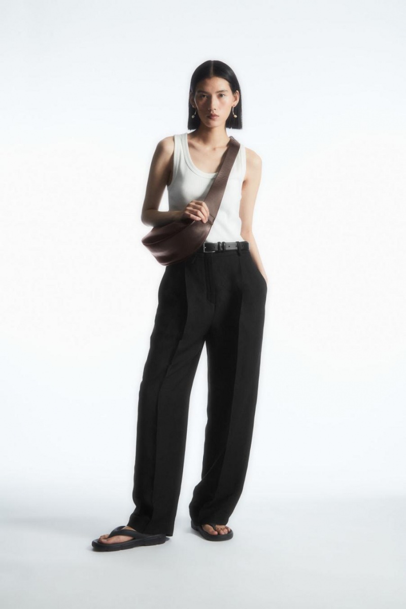 Pantaloni Dama COS Largi-leg Plisat Linen-blend Negrii | XSYFB-0134