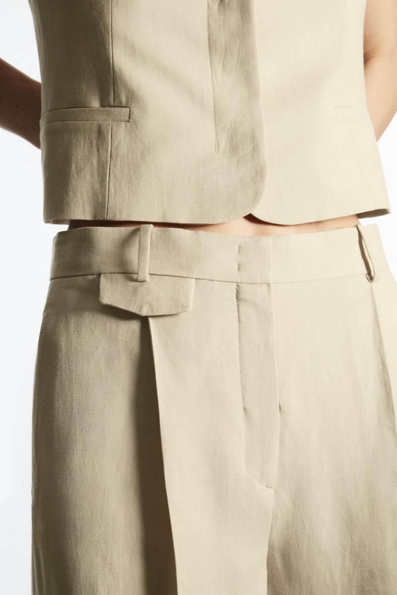 Pantaloni Dama COS Largi-leg Plisat Linen-blend Bej | YRGOU-9401