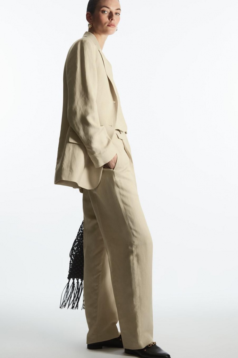 Pantaloni Dama COS Largi-leg Plisat Linen-blend Bej | YRGOU-9401