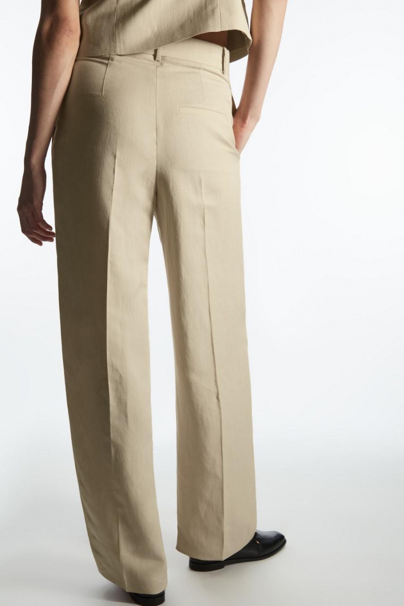 Pantaloni Dama COS Largi-leg Plisat Linen-blend Bej | YRGOU-9401