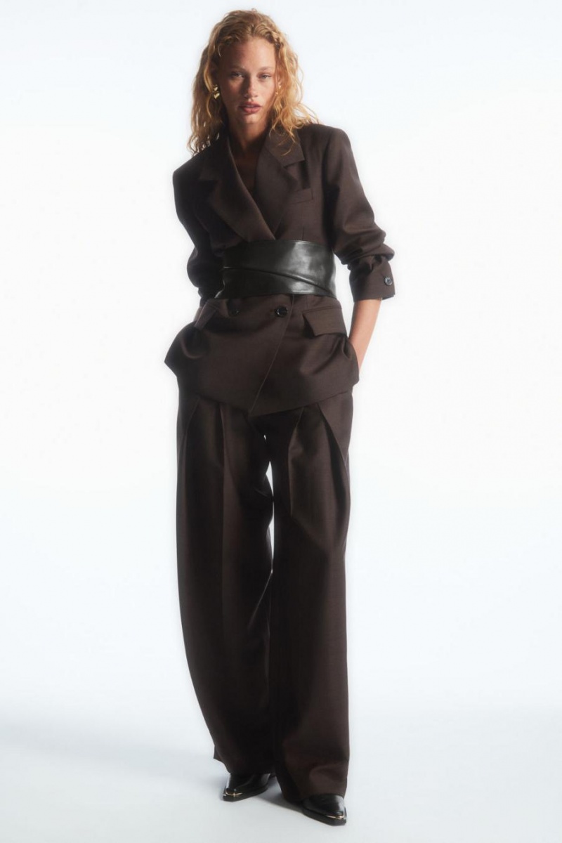 Pantaloni Dama COS Largi-leg Plisat Lână Maro Inchis | TIXJM-9453