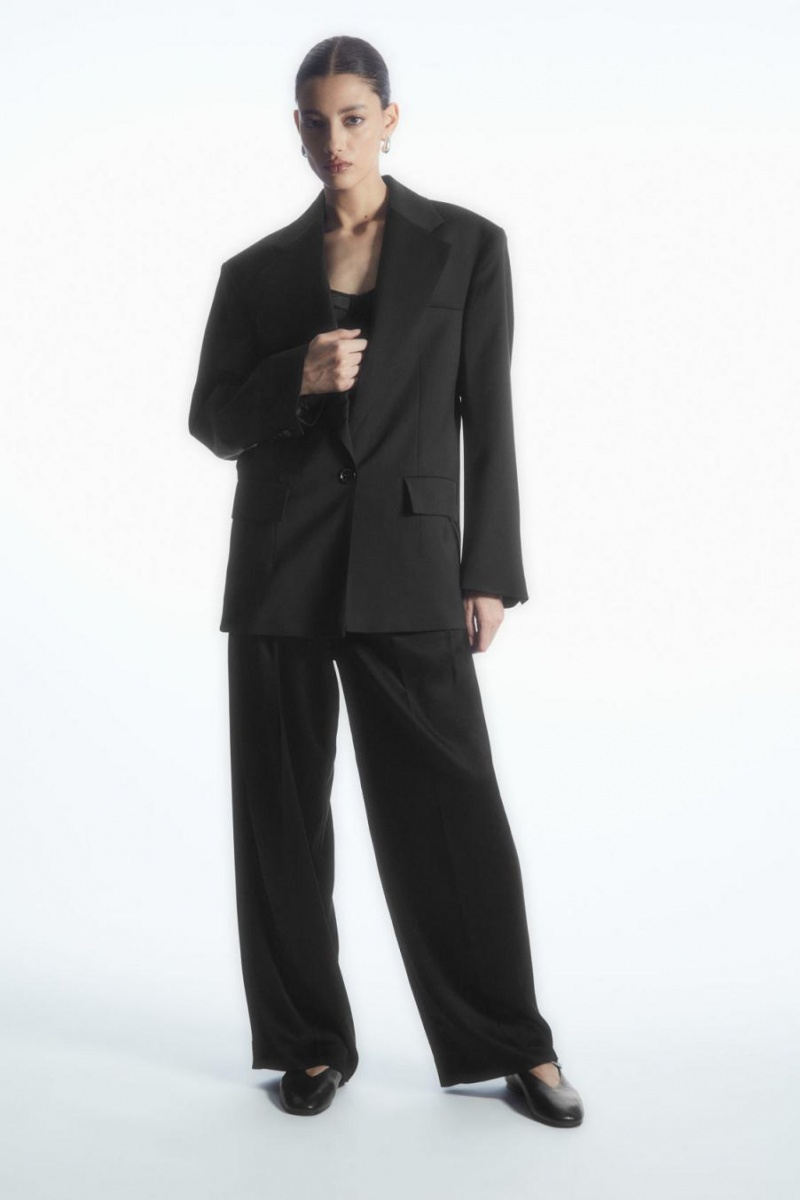 Pantaloni Dama COS Largi-leg Plisat Satin Negrii | HTJWN-5789
