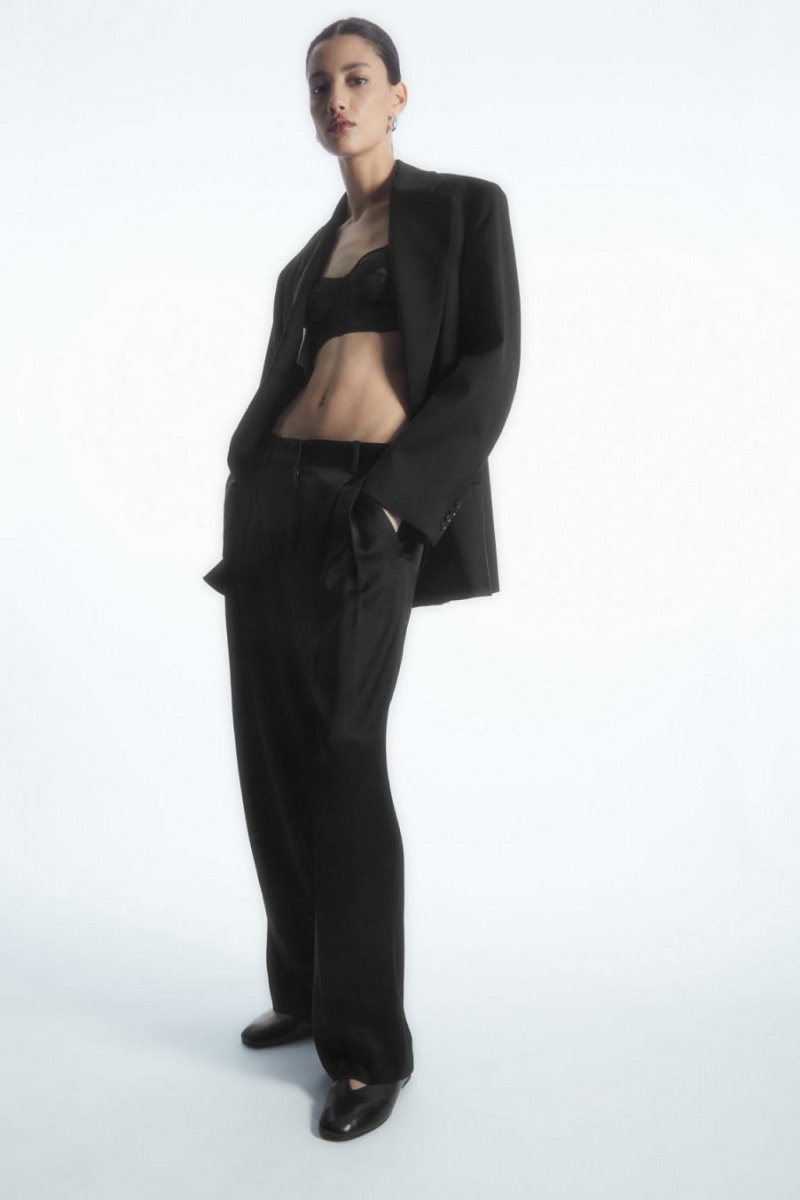 Pantaloni Dama COS Largi-leg Plisat Satin Negrii | HTJWN-5789