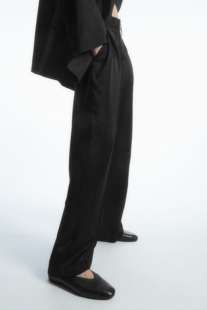 Pantaloni Dama COS Largi-leg Plisat Satin Negrii | HTJWN-5789