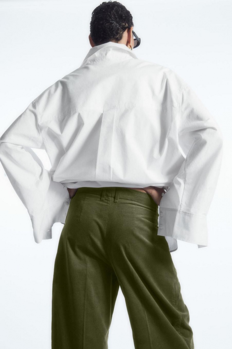 Pantaloni Dama COS Plisat Barrel-leg Corduroy Kaki Inchis | RWVHN-0768