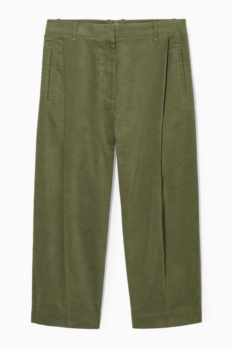 Pantaloni Dama COS Plisat Barrel-leg Corduroy Kaki Inchis | RWVHN-0768