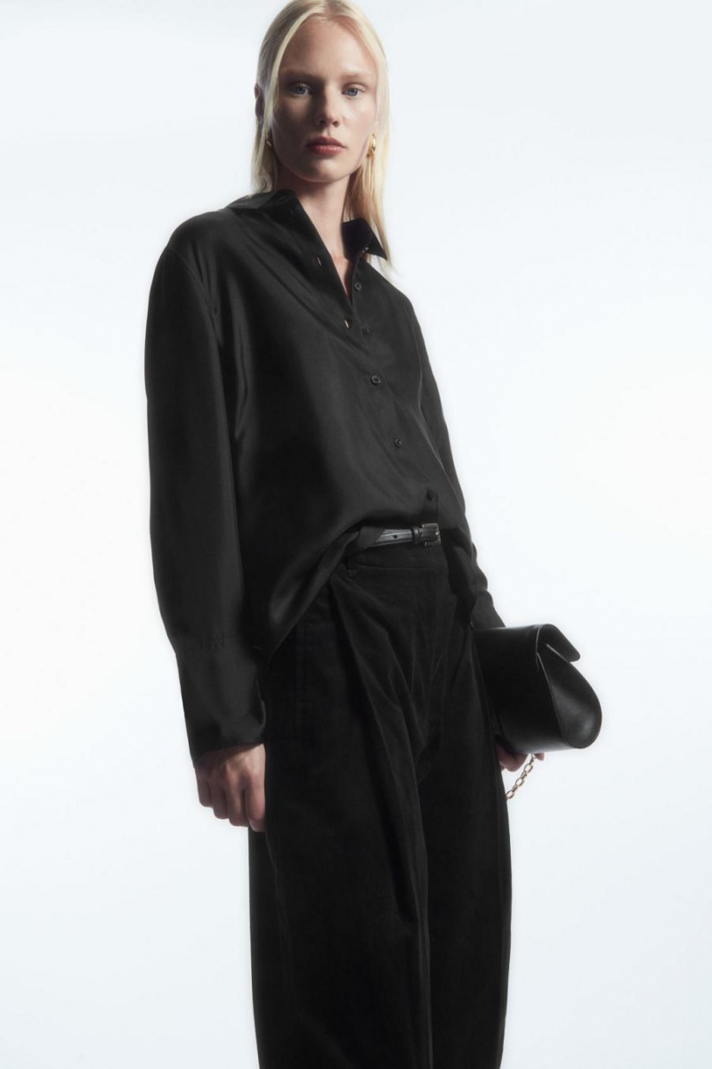Pantaloni Dama COS Plisat Barrel-leg Corduroy Negrii | SAVOJ-5296