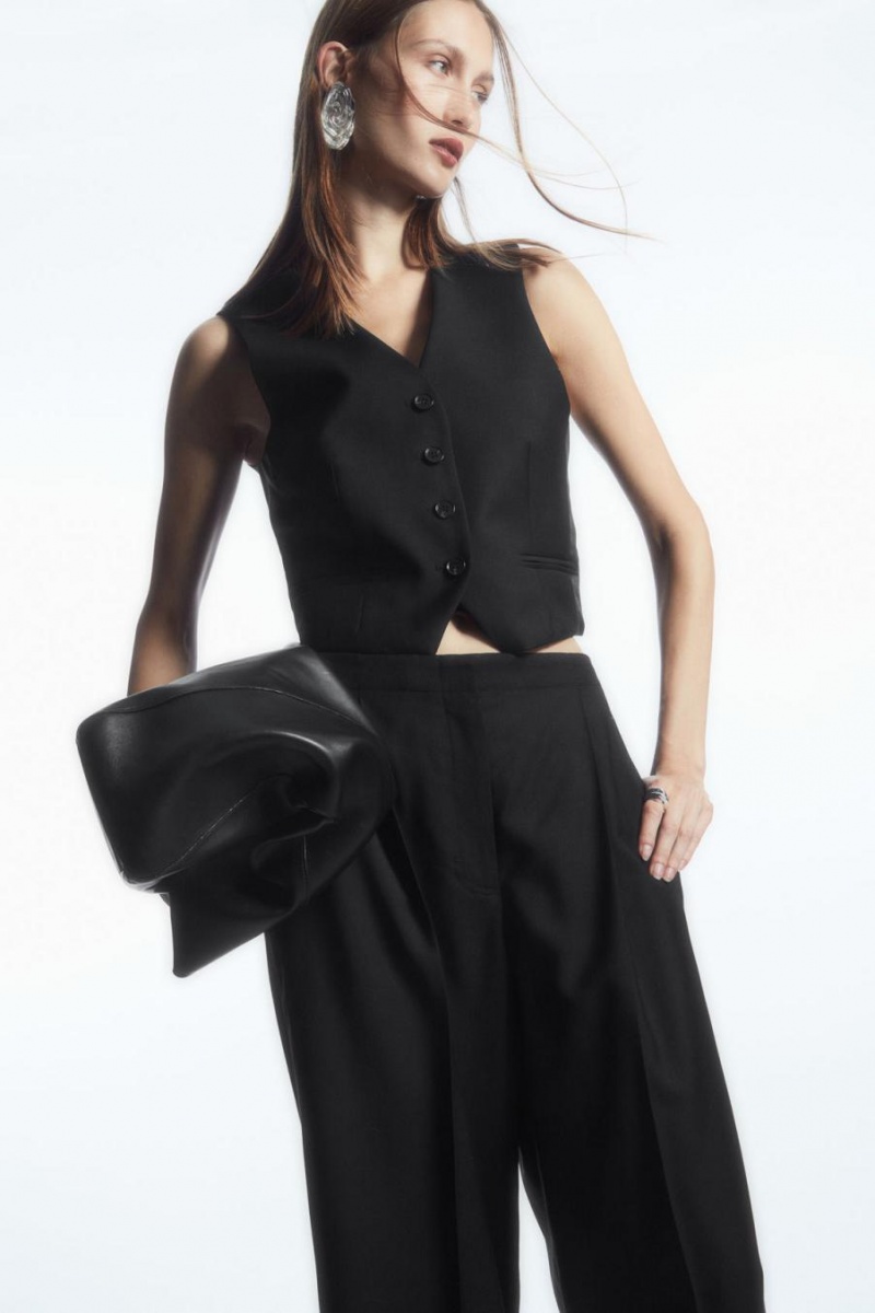 Pantaloni Dama COS Plisat Largi-leg Lână Negrii | XJWPB-5781