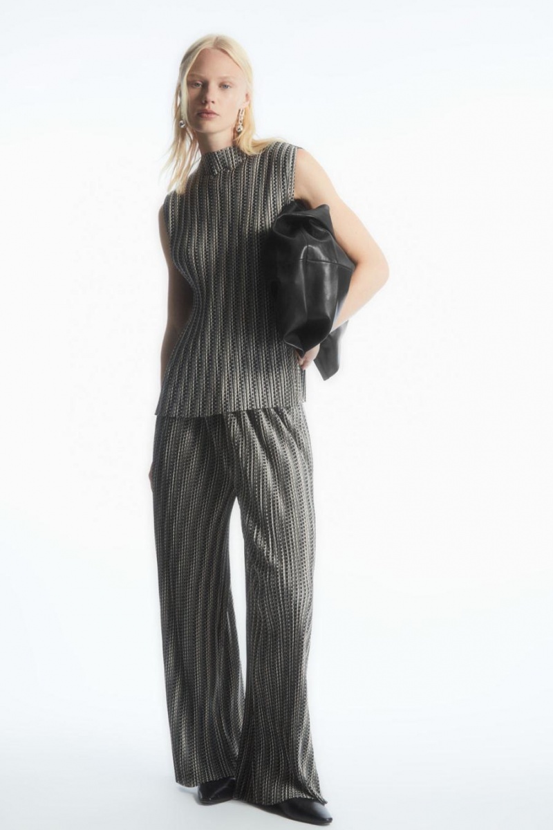 Pantaloni Dama COS Plissé Negrii Albi | WNDFR-7215