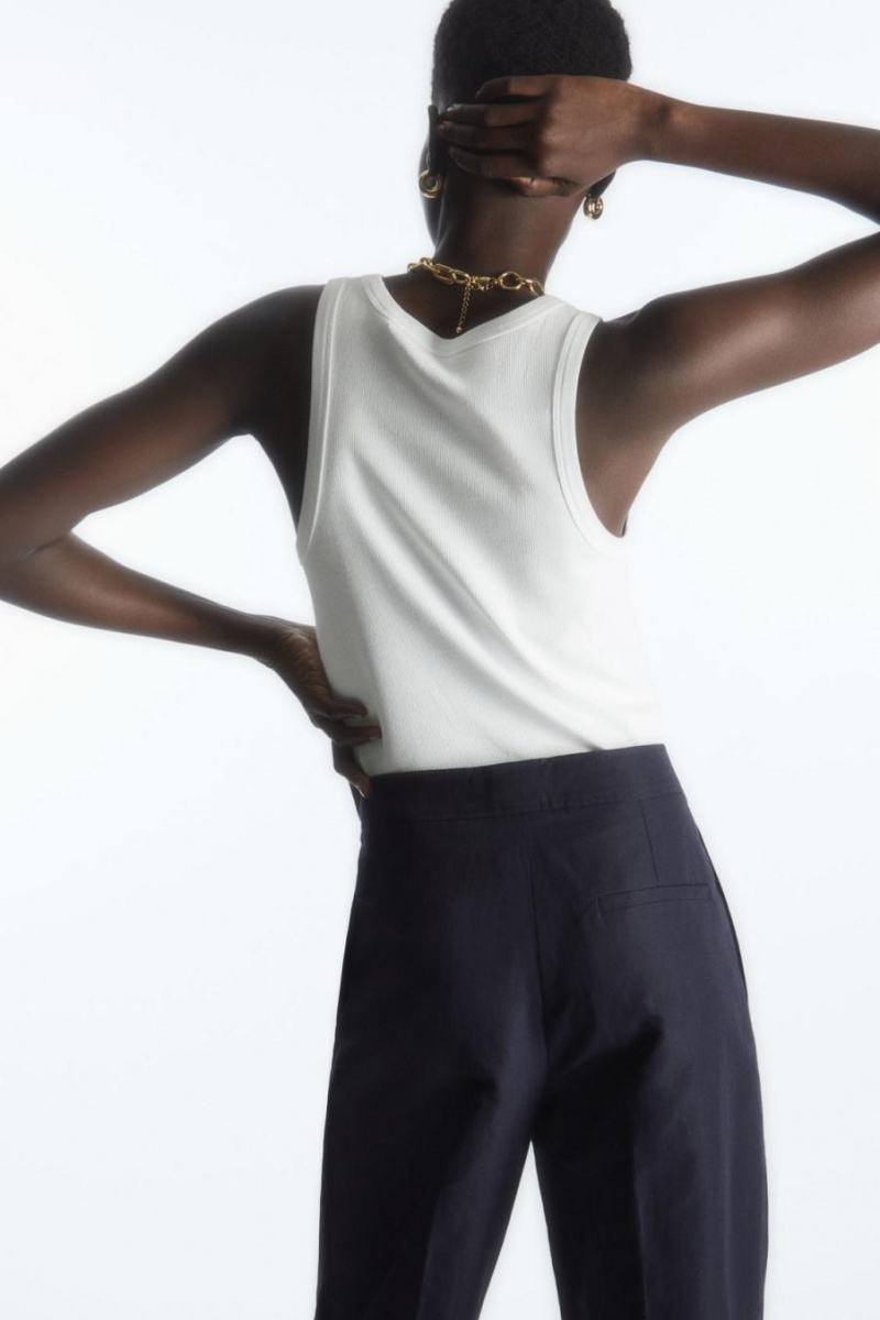 Pantaloni Dama COS Tapered Plisat Linen-blend Chinos Bleumarin | SJBPA-9803
