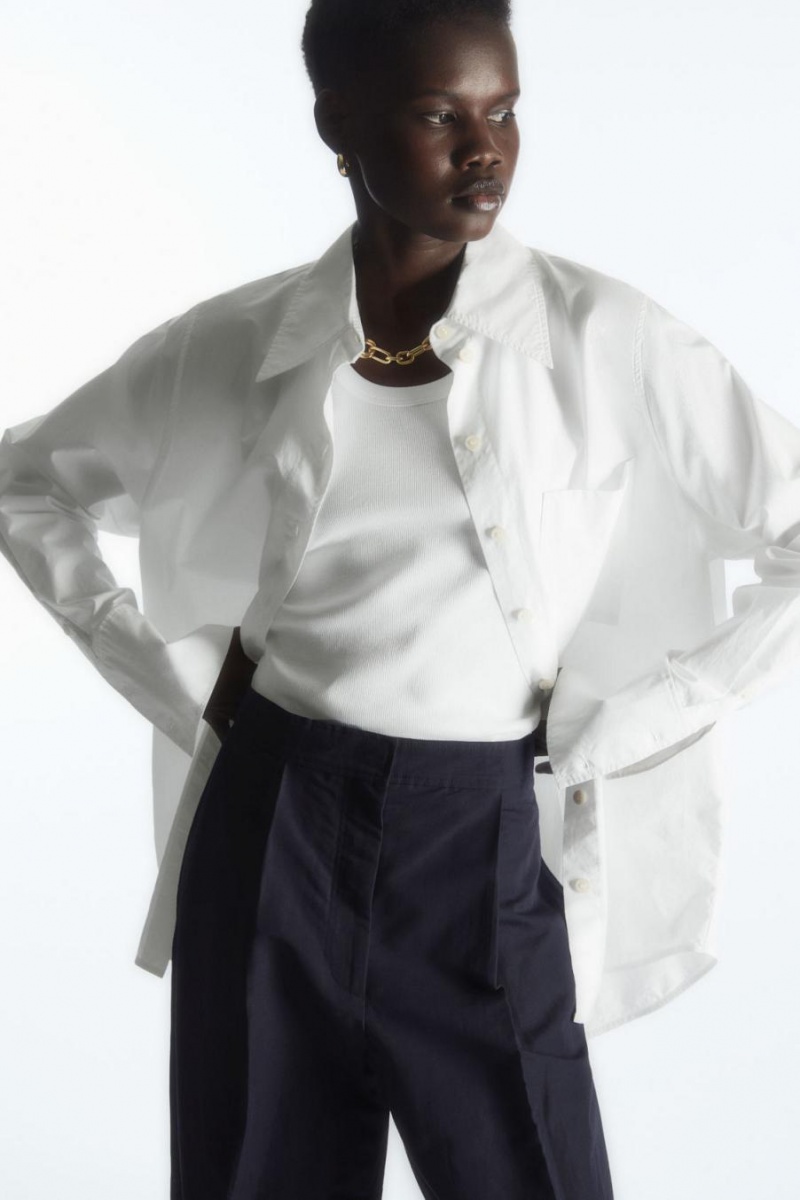 Pantaloni Dama COS Tapered Plisat Linen-blend Chinos Bleumarin | SJBPA-9803