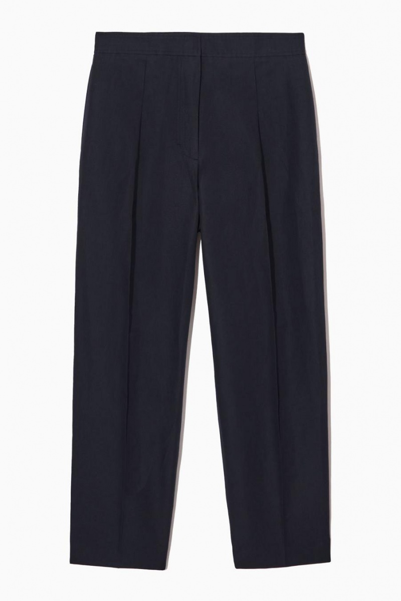 Pantaloni Dama COS Tapered Plisat Linen-blend Chinos Bleumarin | SJBPA-9803