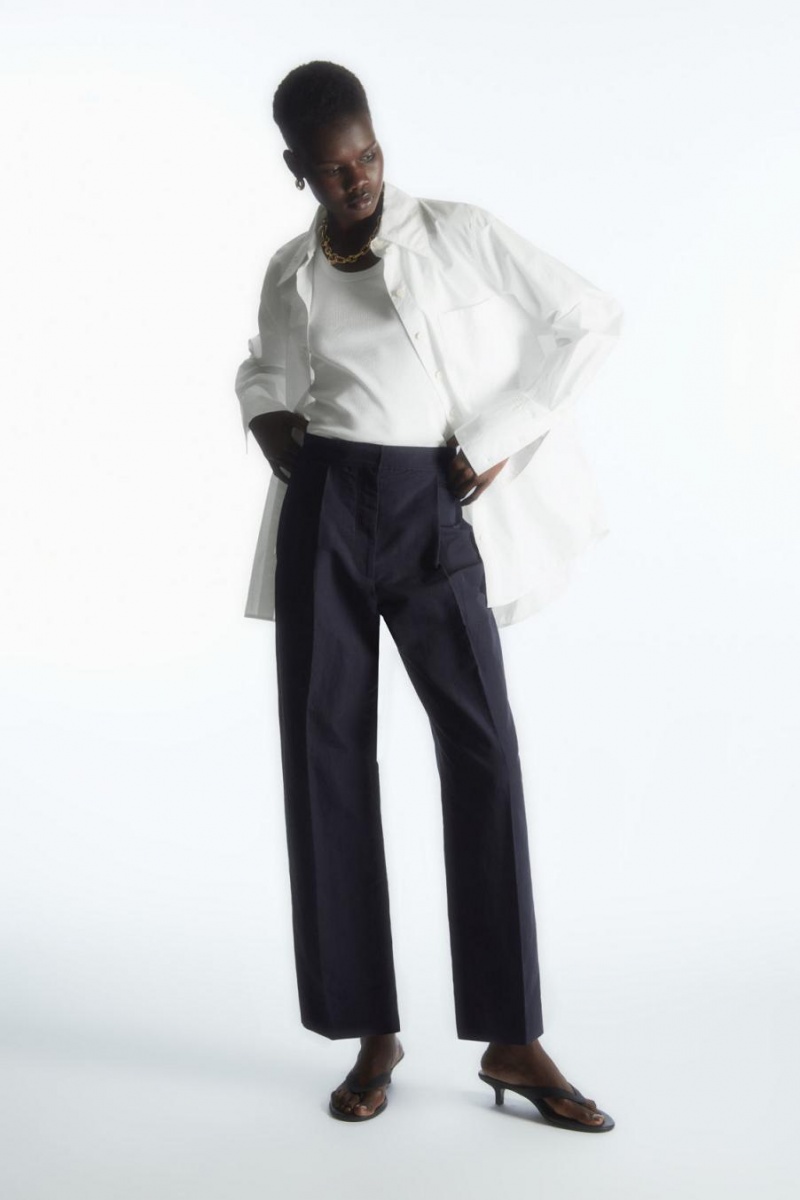 Pantaloni Dama COS Tapered Plisat Linen-blend Chinos Bleumarin | SJBPA-9803