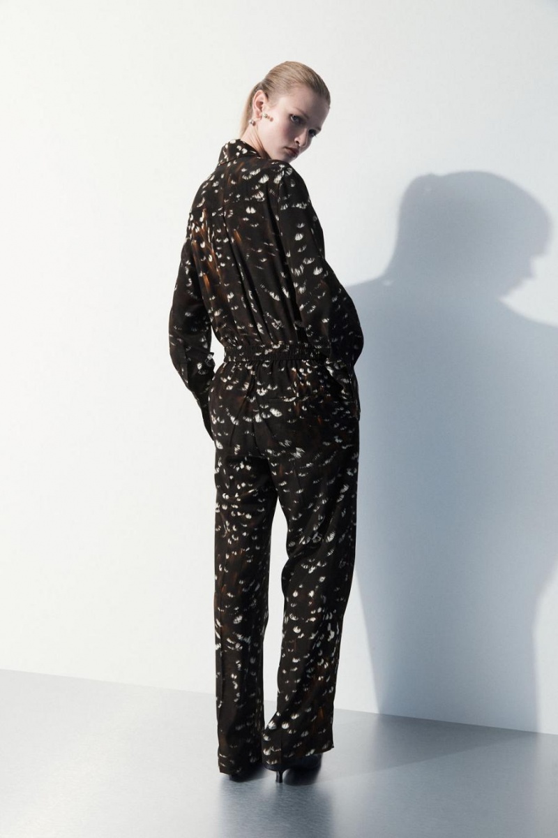 Pantaloni Dama COS The Feather-print Silk Negrii | EVNHO-7403