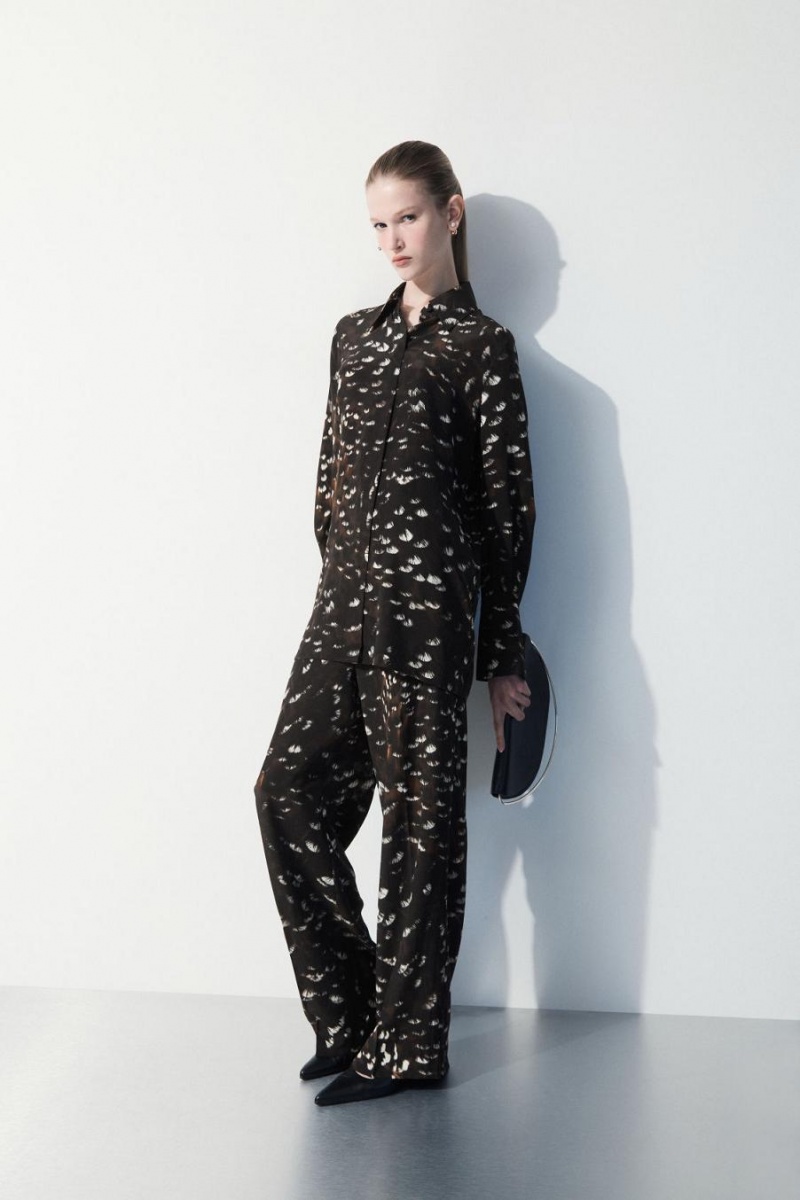 Pantaloni Dama COS The Feather-print Silk Negrii | EVNHO-7403