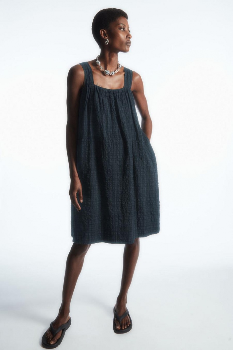 Rochie Dama COS Checked Seersucker Mini Negrii | QXJIN-4510