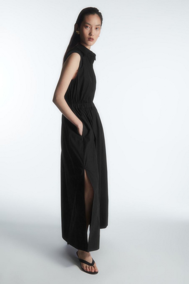 Rochie Dama COS Fara Maneci Midi Shirt Negrii | YBNZG-7082