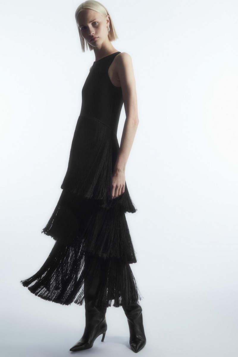 Rochie Dama COS Fringed Tiered Midi Negrii | NPGFD-4310
