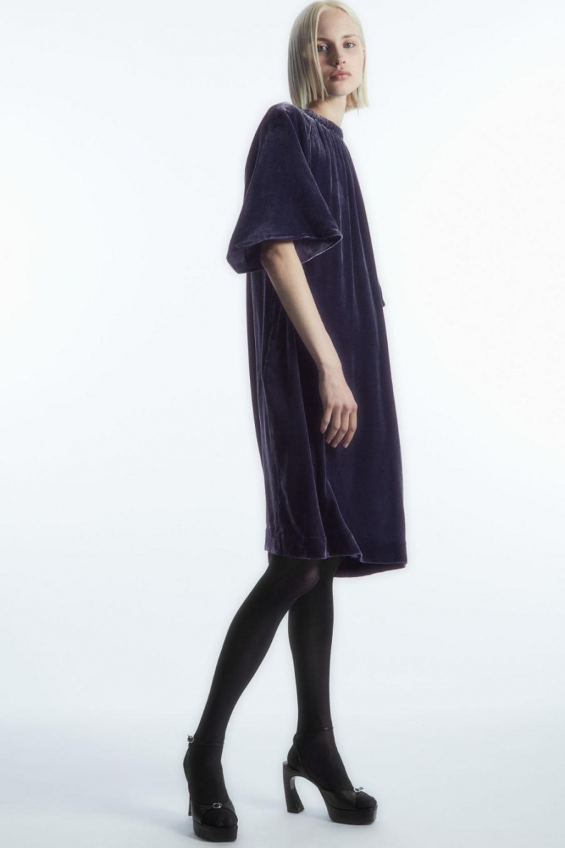 Rochie Dama COS Gathered Silk-blend Velvet Midi Bleumarin | GHTMV-2954