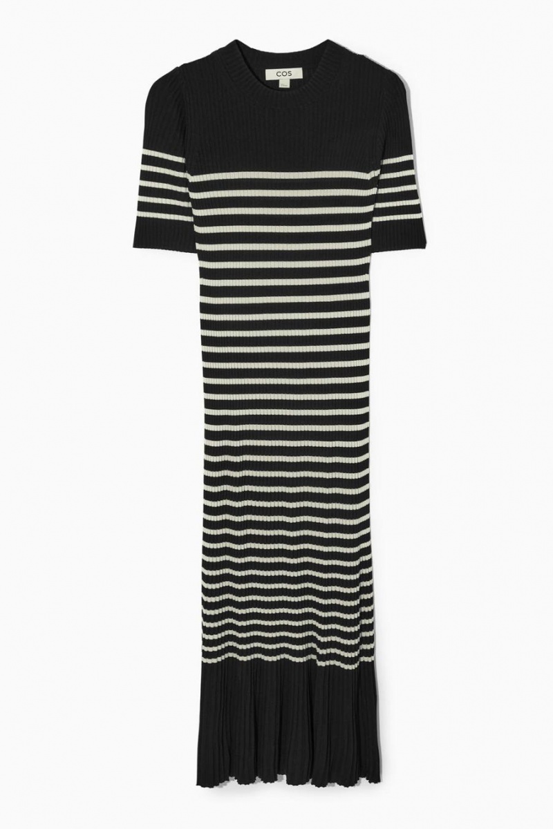 Rochie Dama COS In Dungi Tricotate Midi Negrii Albi | VETQM-3496