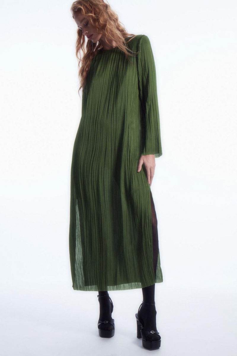 Rochie Dama COS Long-sleeved Plissé Midi Verzi Inchis | YTQRG-8274