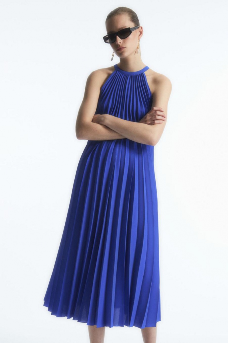 Rochie Dama COS Plisat Halterneck Midi Albastri | FDJRY-3971