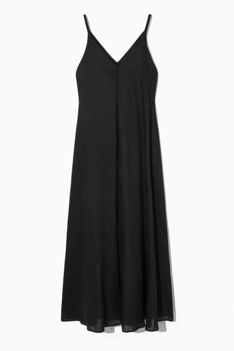 Rochie Dama COS Plisat V-neck Linen Midi Negrii | BYVUF-9042