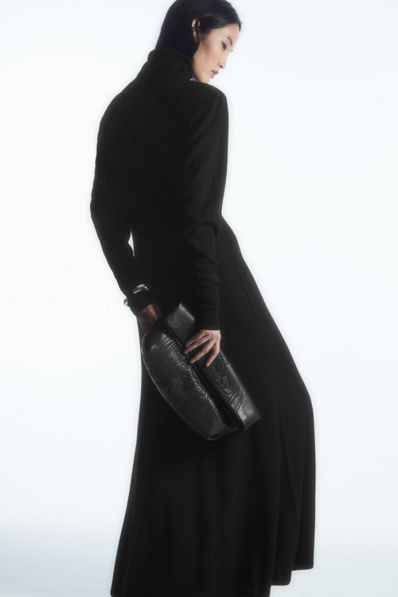 Rochie Dama COS Power-shoulder Merino Lână Maxi Negrii | OSRLT-1953