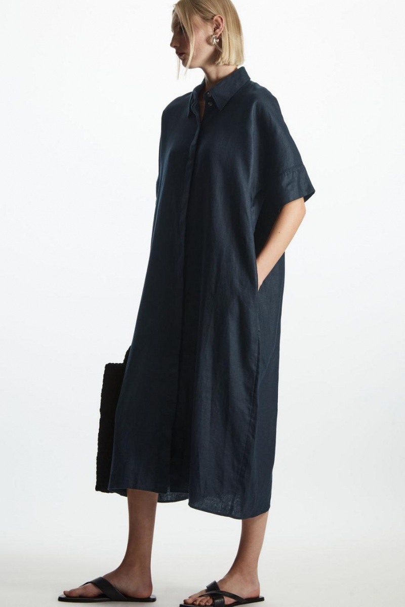 Rochie Dama COS Relaxed Linen Shirt Bleumarin | SHNOR-5146