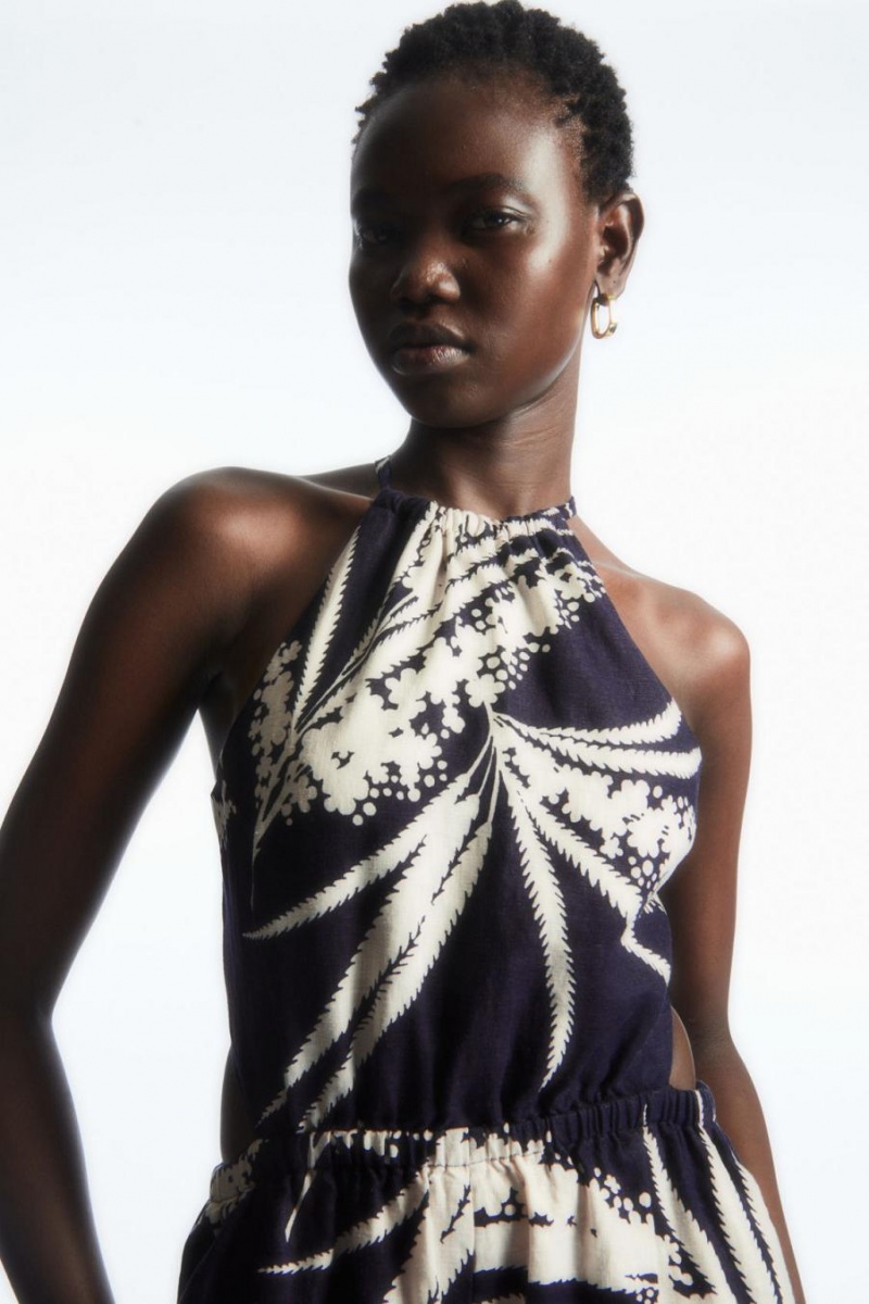 Salopeta Dama COS Open-back Floral-print Linen Bleumarin | CBLHX-1037